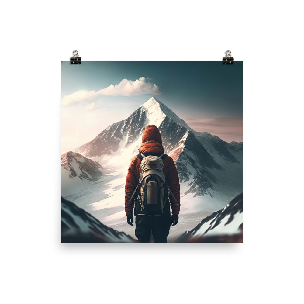 Wanderer von hinten vor einem Berg - Malerei - Premium Poster (glänzend) berge xxx 40.6 x 40.6 cm