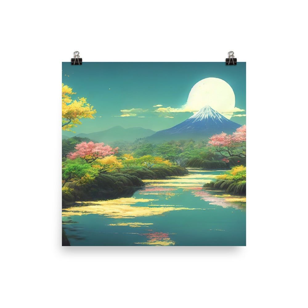 Berg, See und Wald mit pinken Bäumen - Landschaftsmalerei - Premium Poster (glänzend) berge xxx 40.6 x 40.6 cm