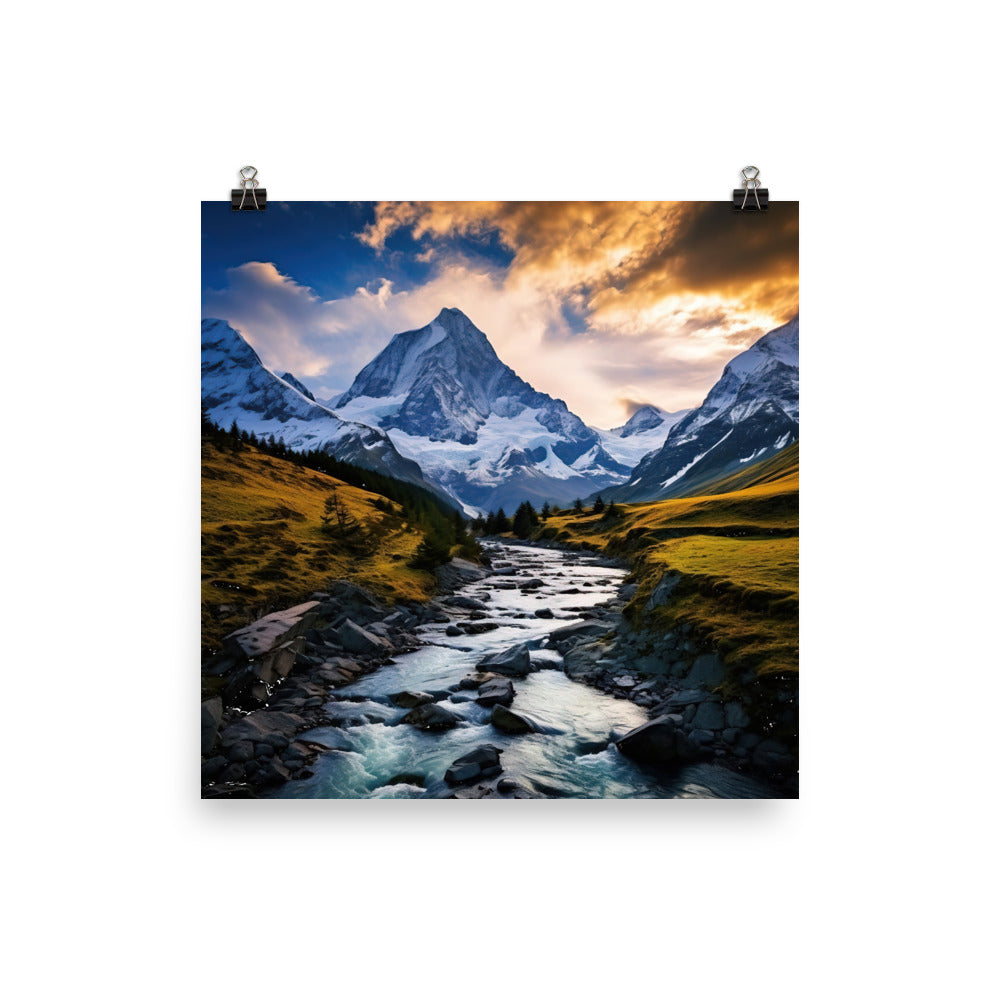 Berge und steiniger Bach - Epische Stimmung - Premium Poster (glänzend) berge xxx 40.6 x 40.6 cm