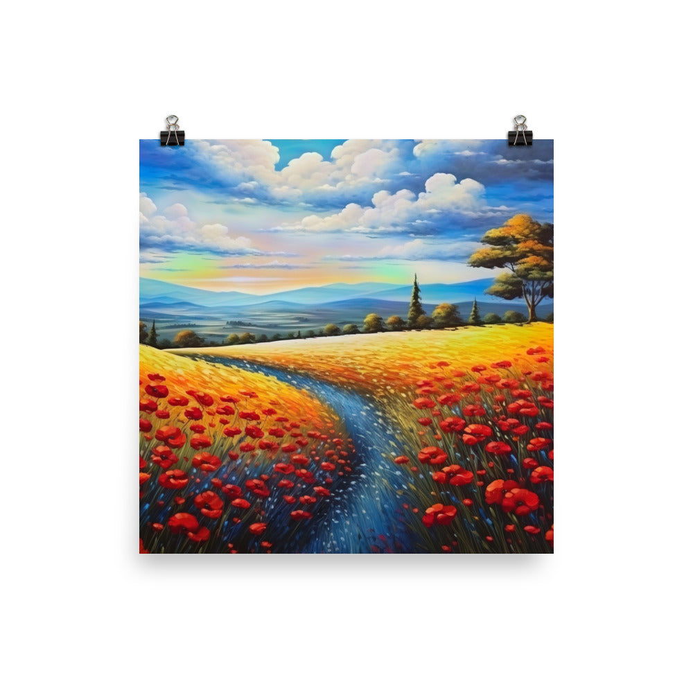 Feld mit roten Blumen und Berglandschaft - Landschaftsmalerei - Premium Poster (glänzend) berge xxx 40.6 x 40.6 cm