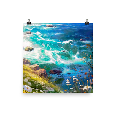 Berge, Blumen, Fluss und Steine - Malerei - Premium Poster (glänzend) camping xxx 40.6 x 40.6 cm