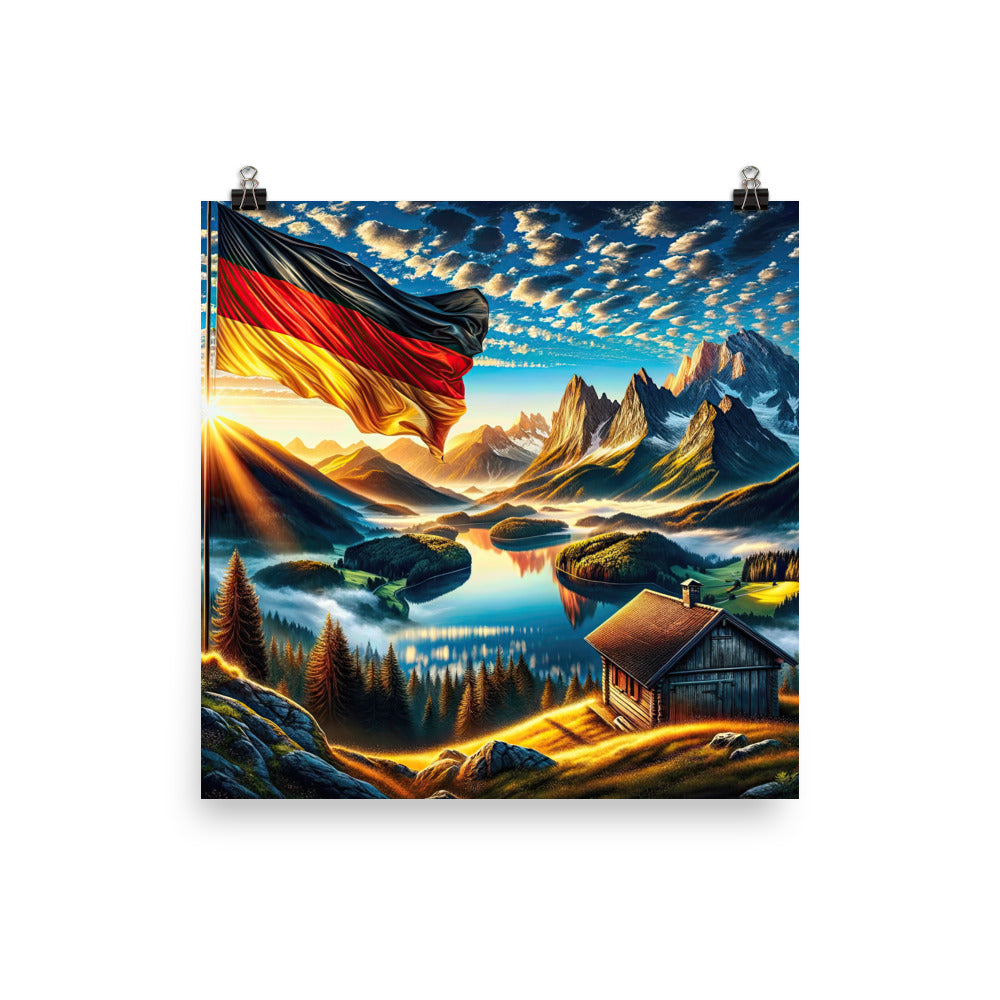 Alpen Gebirge im Morgenlicht: Kunstwerk mit Deutsche Flagge - Premium Poster (glänzend) berge xxx yyy zzz 40.6 x 40.6 cm