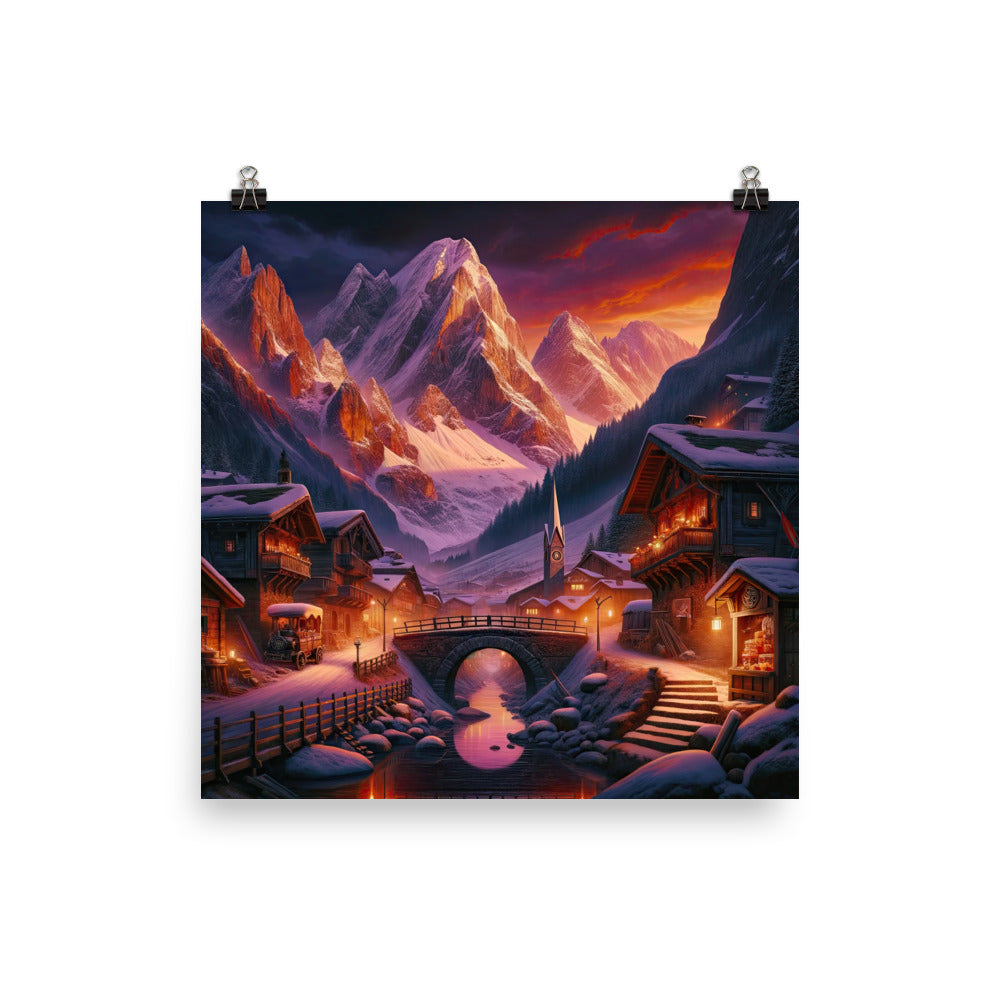 Magische Alpenstunde: Digitale Kunst mit warmem Himmelsschein über schneebedeckte Berge - Premium Poster (glänzend) berge xxx yyy zzz 40.6 x 40.6 cm
