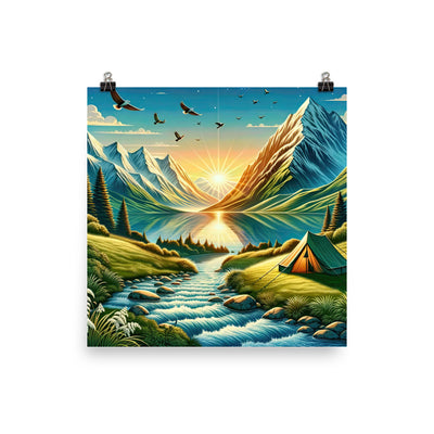Zelt im Alpenmorgen mit goldenem Licht, Schneebergen und unberührten Seen - Premium Poster (glänzend) berge xxx yyy zzz 40.6 x 40.6 cm