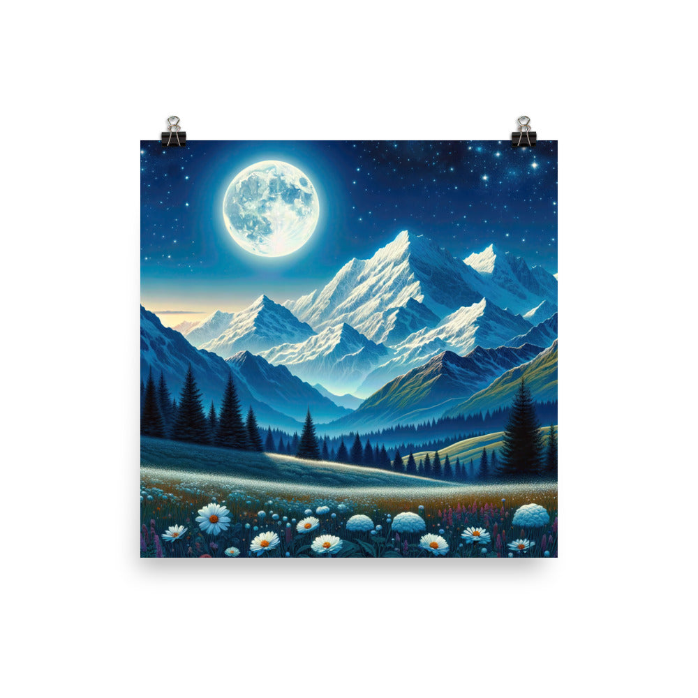 Klare frühlingshafte Alpennacht mit Blumen und Vollmond über Schneegipfeln - Premium Poster (glänzend) berge xxx yyy zzz 40.6 x 40.6 cm