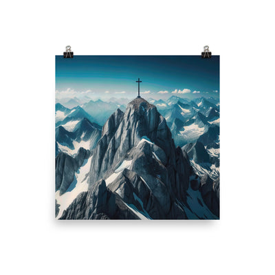 Foto der Alpen mit Gipfelkreuz an einem klaren Tag, schneebedeckte Spitzen vor blauem Himmel - Premium Poster (glänzend) berge xxx yyy zzz 40.6 x 40.6 cm