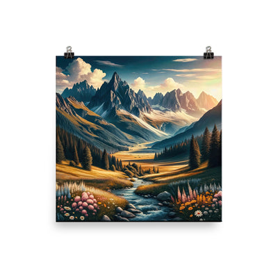 Quadratisches Kunstwerk der Alpen, majestätische Berge unter goldener Sonne - Premium Poster (glänzend) berge xxx yyy zzz 40.6 x 40.6 cm