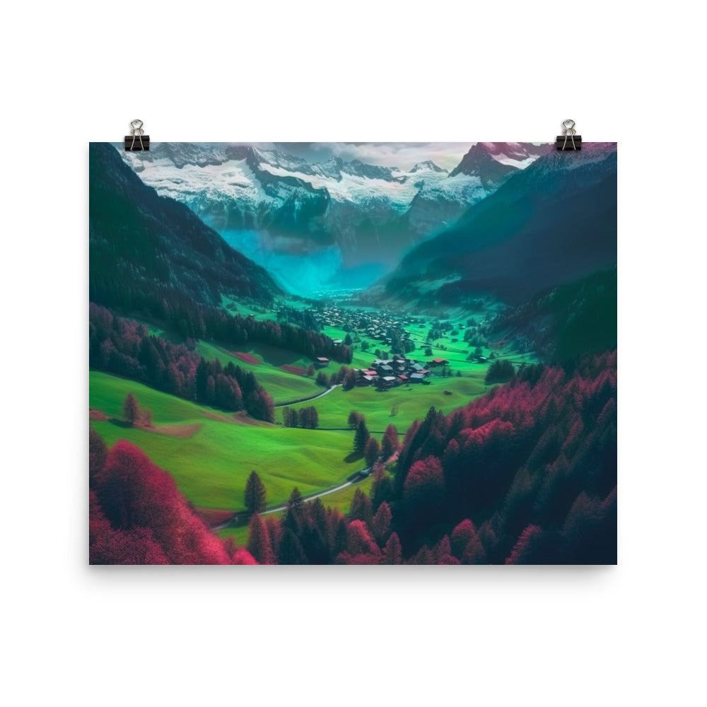 Berglandschaft und Dorf - Fotorealistische Malerei - Premium Poster (glänzend) berge xxx 40.6 x 50.8 cm