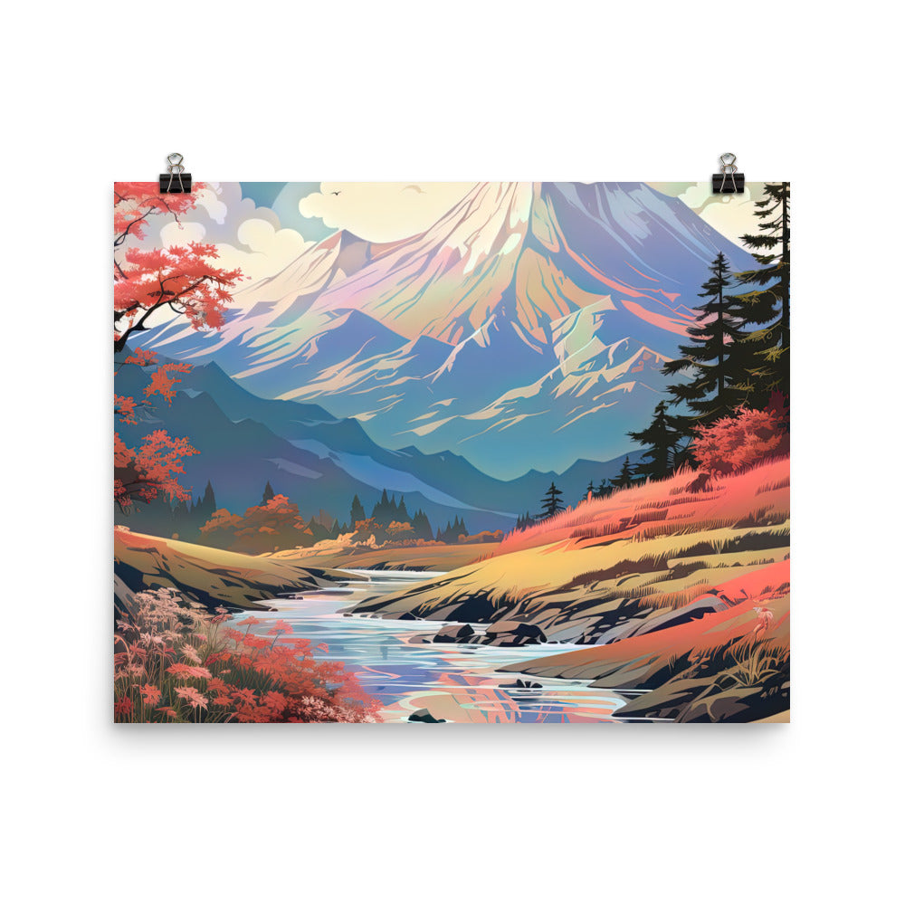Berge. Fluss und Blumen - Malerei - Premium Poster (glänzend) berge xxx 40.6 x 50.8 cm