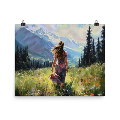 Frau mit langen Kleid im Feld mit Blumen - Berge im Hintergrund - Malerei - Premium Poster (glänzend) berge xxx 40.6 x 50.8 cm