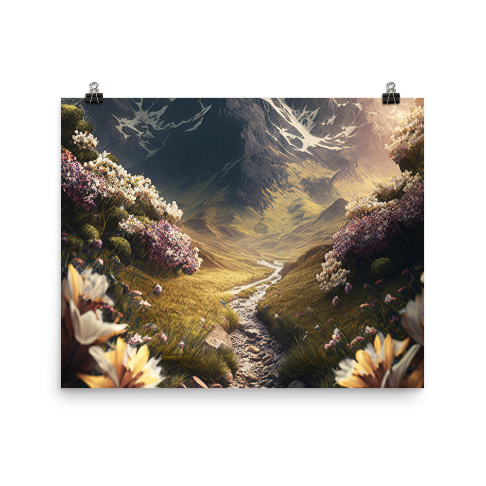 Epischer Berg, steiniger Weg und Blumen - Realistische Malerei - Premium Poster (glänzend) berge xxx 40.6 x 50.8 cm