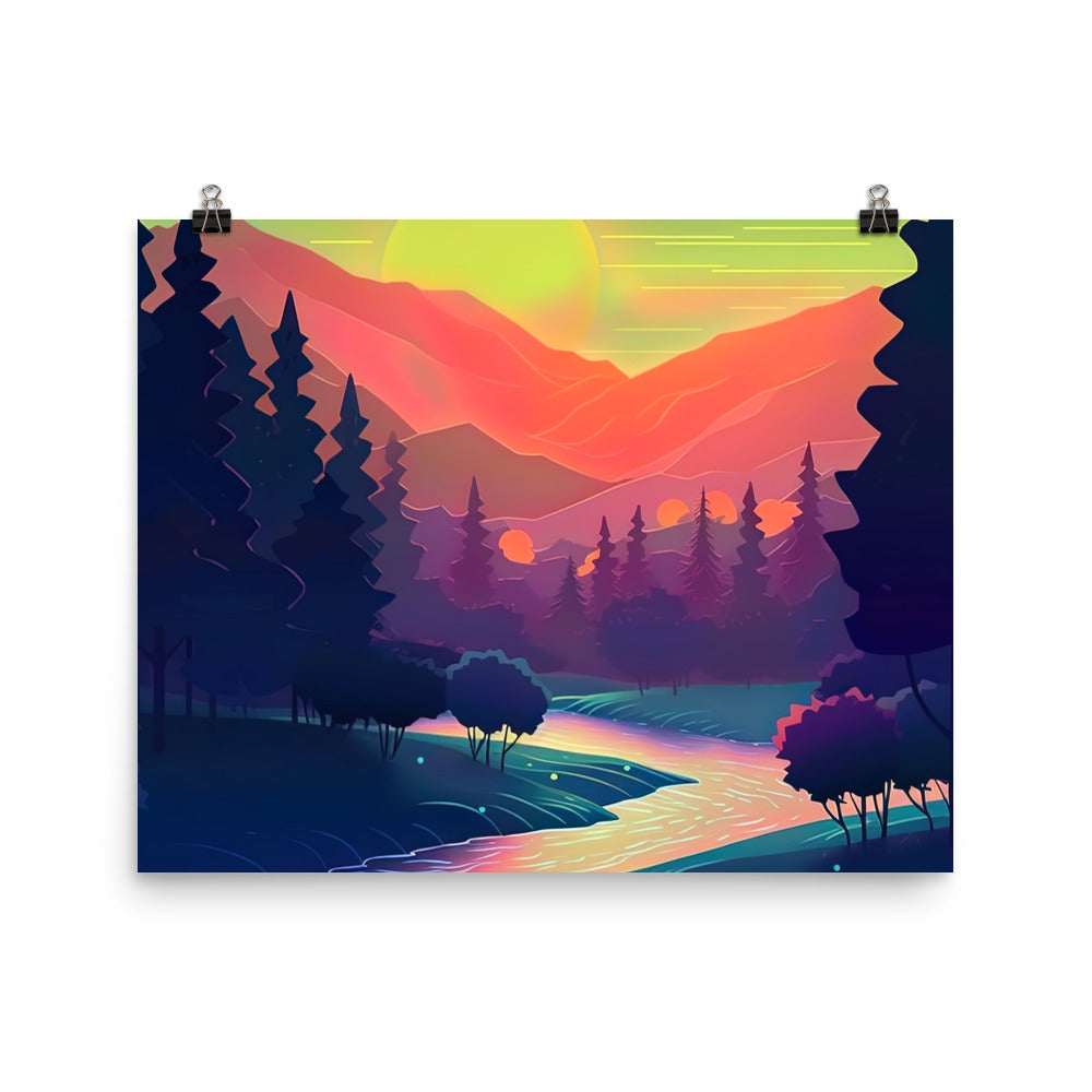 Berge, Fluss, Sonnenuntergang - Malerei - Premium Poster (glänzend) berge xxx 40.6 x 50.8 cm