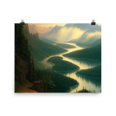 Landschaft mit Bergen, See und viel grüne Natur - Malerei - Premium Poster (glänzend) berge xxx 40.6 x 50.8 cm