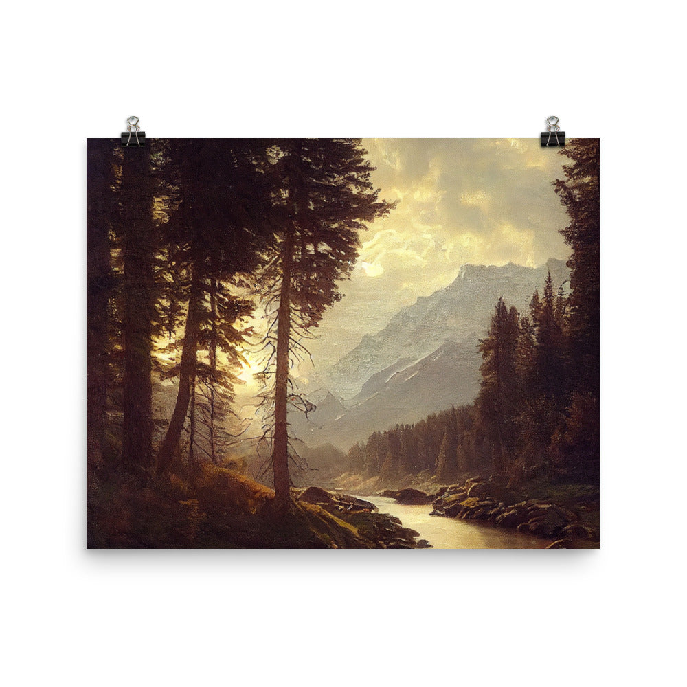 Landschaft mit Bergen, Fluss und Bäumen - Malerei - Premium Poster (glänzend) berge xxx 40.6 x 50.8 cm