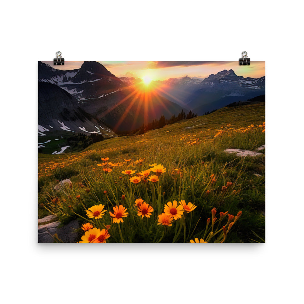 Gebirge, Sonnenblumen und Sonnenaufgang - Premium Poster (glänzend) berge xxx 40.6 x 50.8 cm