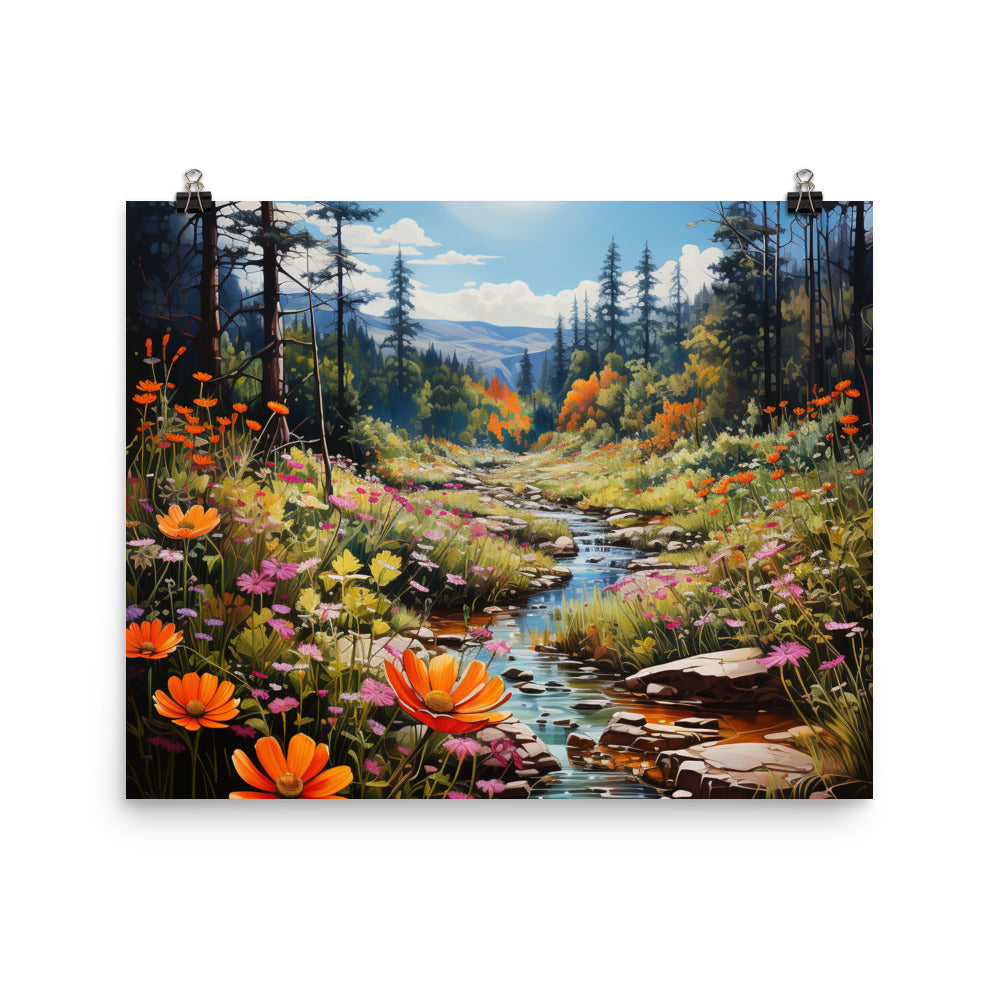 Berge, schöne Blumen und Bach im Wald - Premium Poster (glänzend) berge xxx 40.6 x 50.8 cm