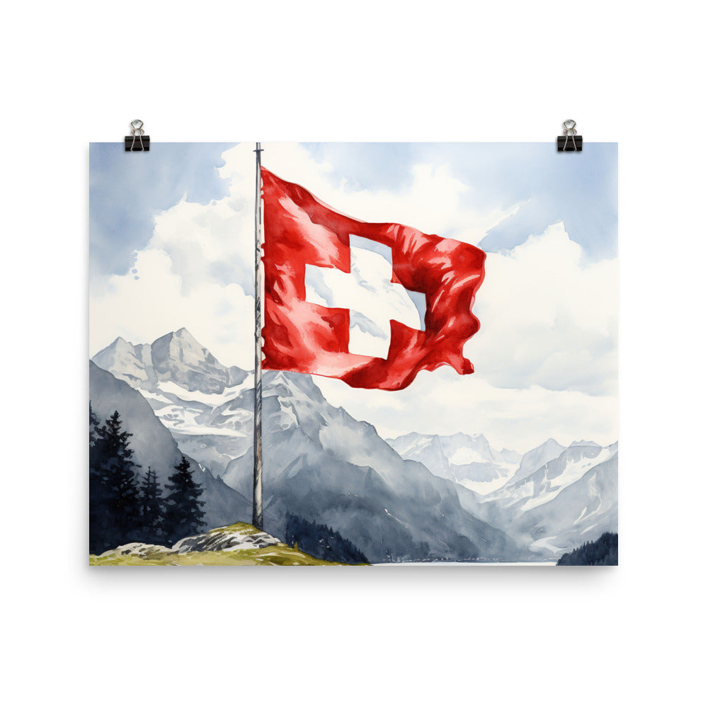 Schweizer Flagge und Berge im Hintergrund - Epische Stimmung - Malerei - Premium Poster (glänzend) berge xxx 40.6 x 50.8 cm