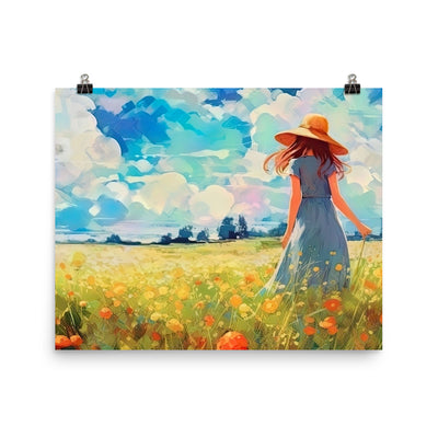 Dame mit Hut im Feld mit Blumen - Landschaftsmalerei - Premium Poster (glänzend) camping xxx 40.6 x 50.8 cm