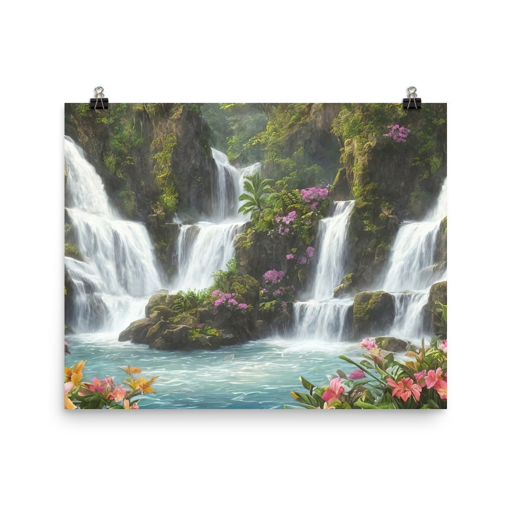 Wasserfall im Wald und Blumen - Schöne Malerei - Premium Poster (glänzend) camping xxx 40.6 x 50.8 cm