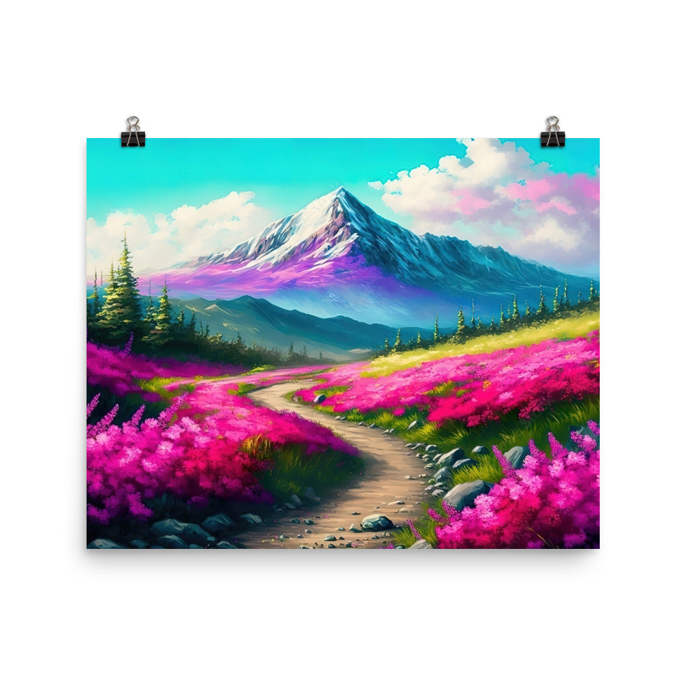 Berg, pinke Blumen und Wanderweg - Landschaftsmalerei - Premium Poster (glänzend) berge xxx 40.6 x 50.8 cm
