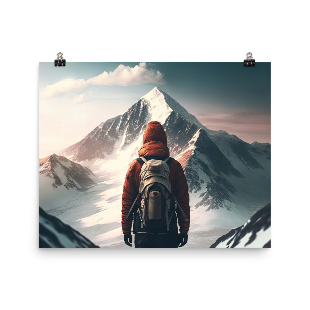 Wanderer von hinten vor einem Berg - Malerei - Premium Poster (glänzend) berge xxx 40.6 x 50.8 cm