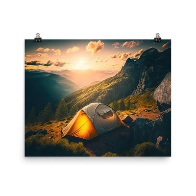 Zelt auf Berg im Sonnenaufgang - Landschafts - Premium Poster (glänzend) camping xxx 40.6 x 50.8 cm