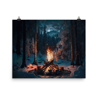 Lagerfeuer beim Camping - Wald mit Schneebedeckten Bäumen - Malerei - Premium Poster (glänzend) camping xxx 40.6 x 50.8 cm