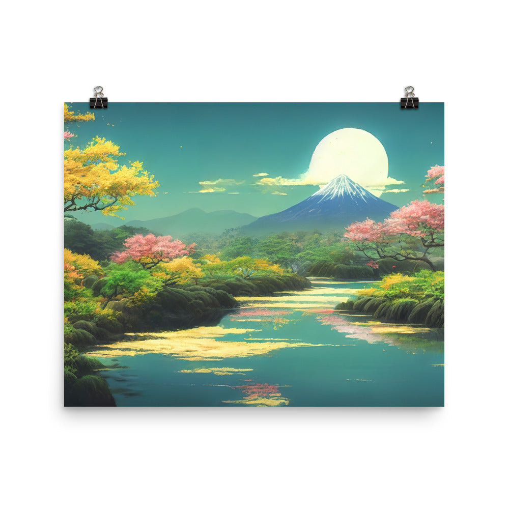 Berg, See und Wald mit pinken Bäumen - Landschaftsmalerei - Premium Poster (glänzend) berge xxx 40.6 x 50.8 cm