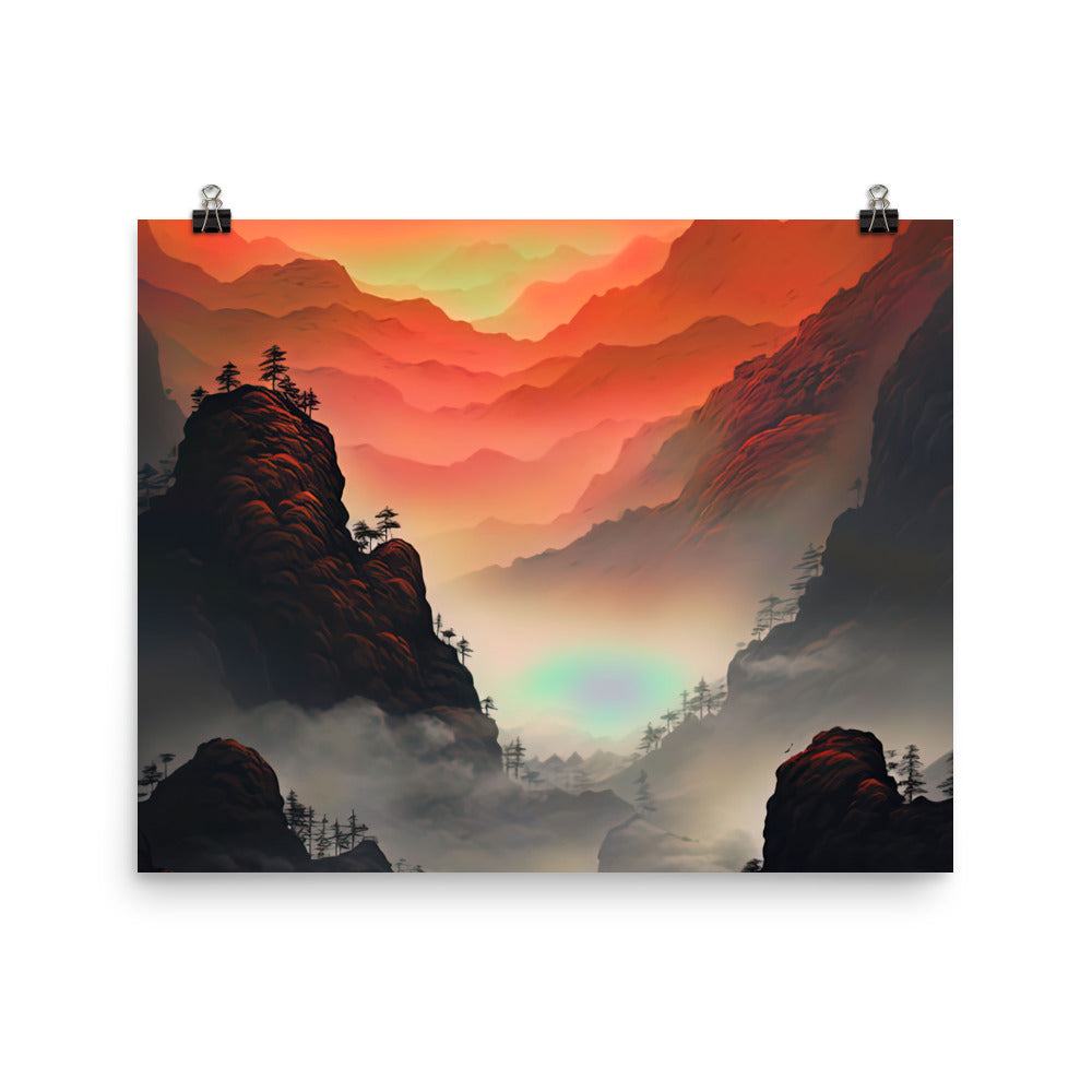 Gebirge, rote Farben und Nebel - Episches Kunstwerk - Premium Poster (glänzend) berge xxx 40.6 x 50.8 cm