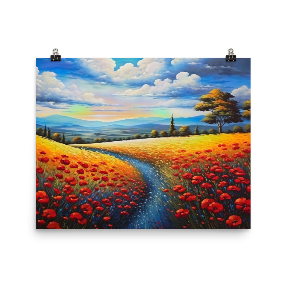 Feld mit roten Blumen und Berglandschaft - Landschaftsmalerei - Premium Poster (glänzend) berge xxx 40.6 x 50.8 cm