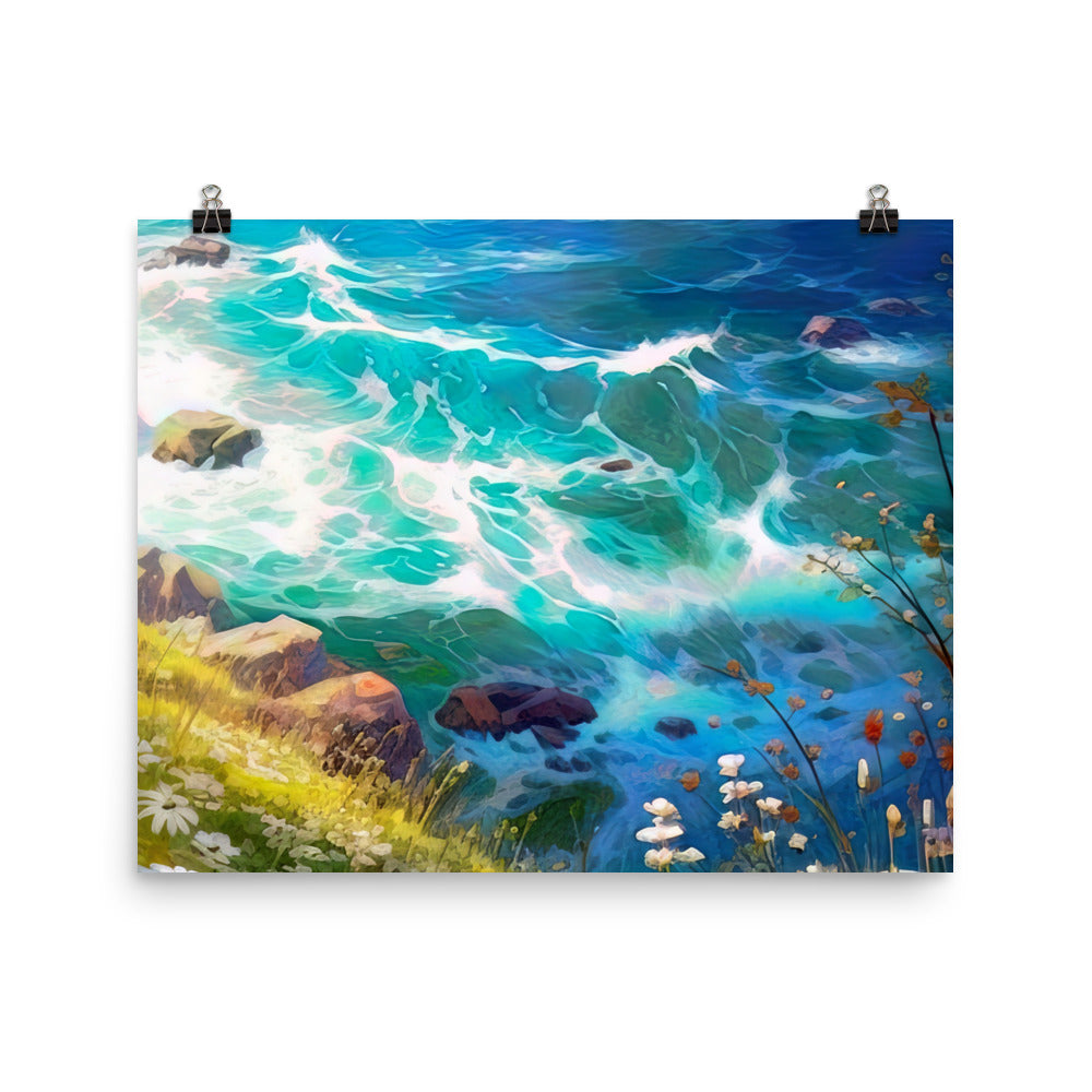 Berge, Blumen, Fluss und Steine - Malerei - Premium Poster (glänzend) camping xxx 40.6 x 50.8 cm