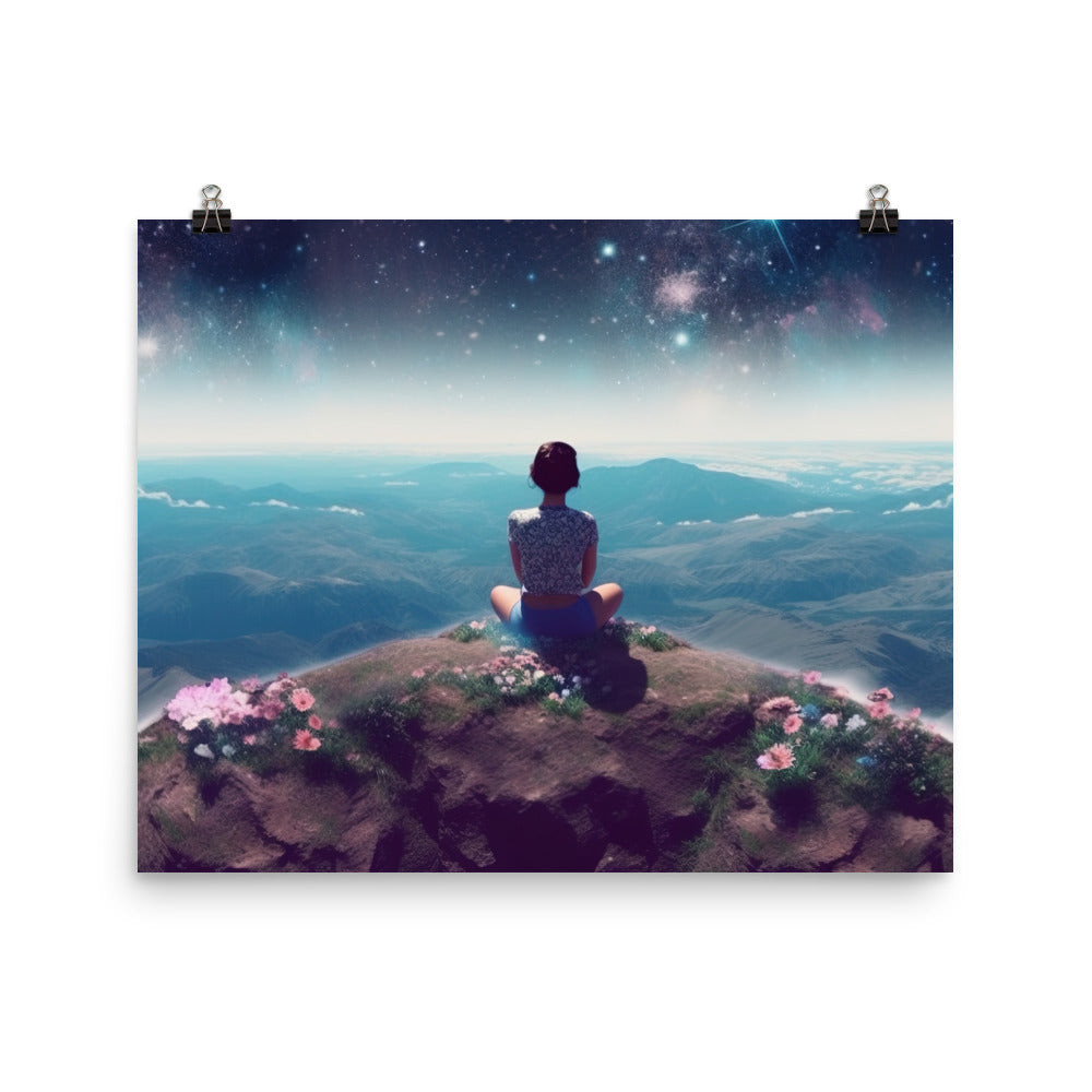 Frau sitzt auf Berg – Cosmos und Sterne im Hintergrund - Landschaftsmalerei - Premium Poster (glänzend) berge xxx 40.6 x 50.8 cm