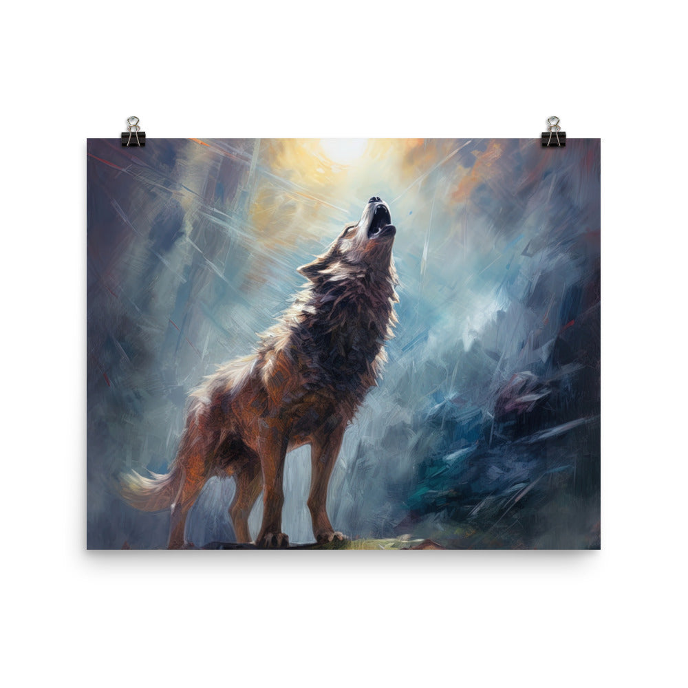 Heulender Wolf auf Berggipfel und Mond im Hintergrund – Abstrakte Malerei - Premium Poster (glänzend) camping xxx 40.6 x 50.8 cm
