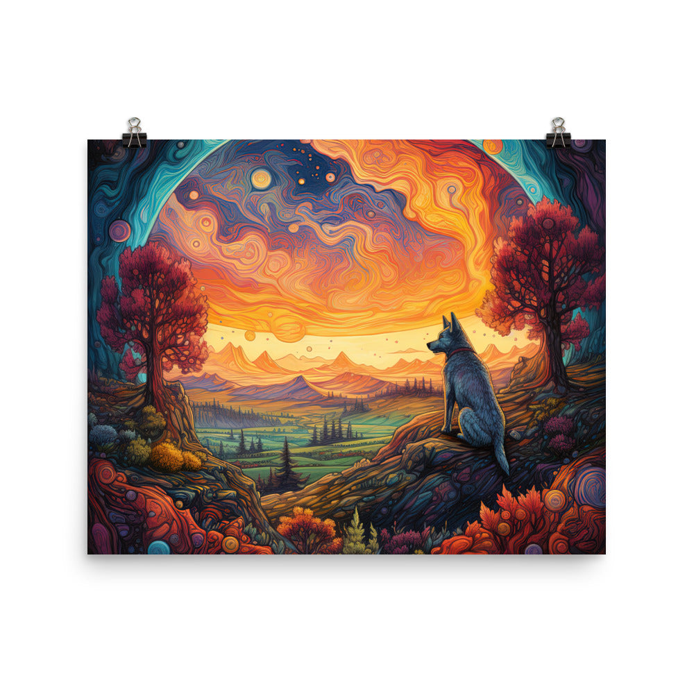 Hund auf Felsen - Epische bunte Landschaft - Malerei - Premium Poster (glänzend) camping xxx 40.6 x 50.8 cm