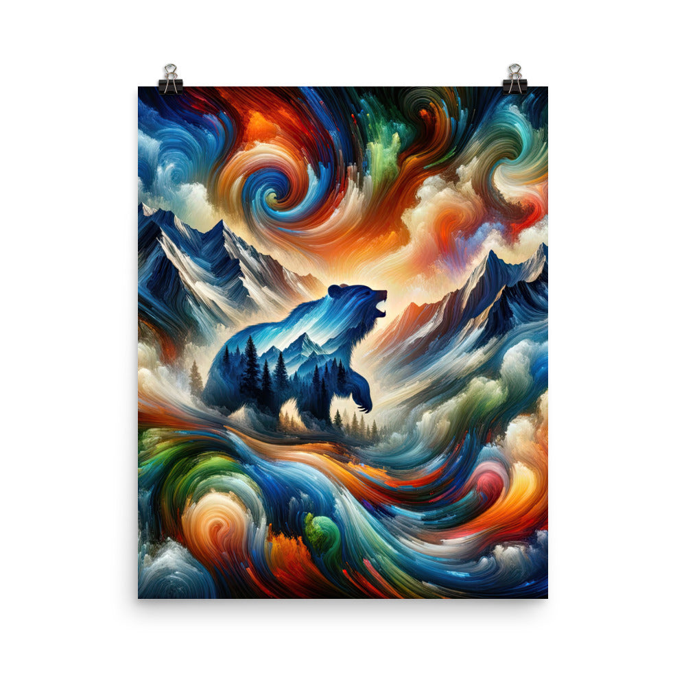 Lebendige Alpen und Bären Sillhouette über Berggipfel - Abstraktes Gemälde - Premium Poster (glänzend) camping xxx yyy zzz 40.6 x 50.8 cm