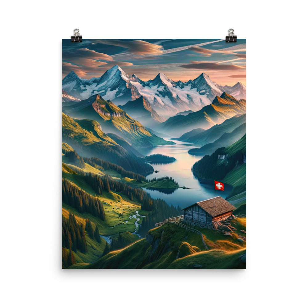 Schweizer Flagge, Alpenidylle: Dämmerlicht, epische Berge und stille Gewässer - Premium Poster (glänzend) berge xxx yyy zzz 40.6 x 50.8 cm