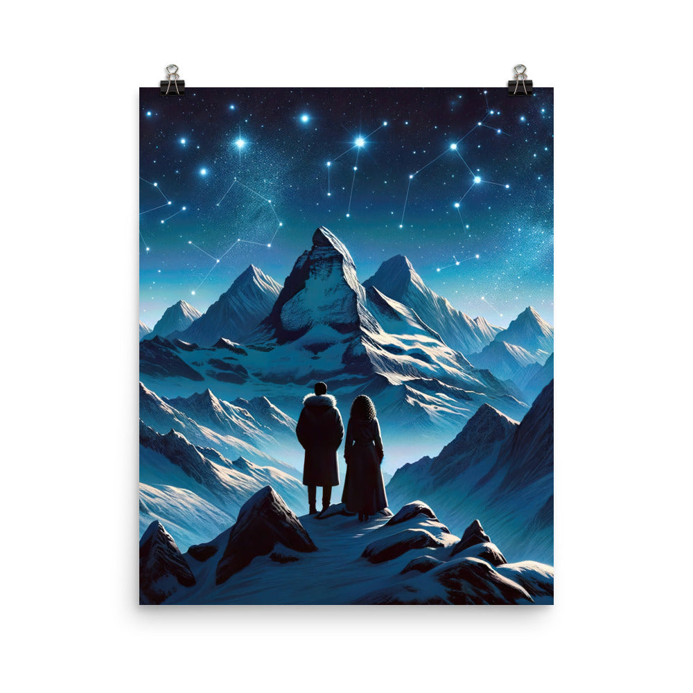 Alpenwinternacht: Digitale Kunst mit Wanderern in Bergen und Sternenhimmel - Premium Poster (glänzend) wandern xxx yyy zzz 40.6 x 50.8 cm