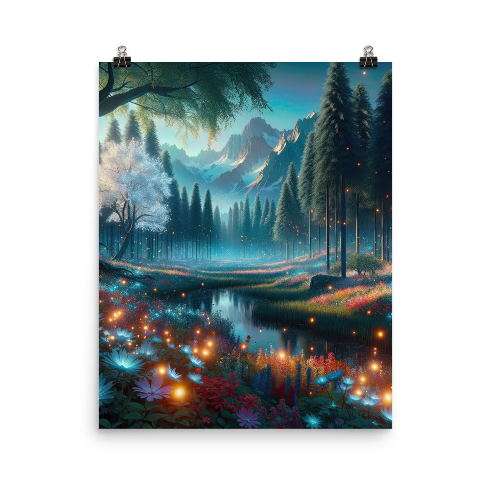 Ätherischer Alpenwald: Digitale Darstellung mit leuchtenden Bäumen und Blumen - Premium Poster (glänzend) camping xxx yyy zzz 40.6 x 50.8 cm