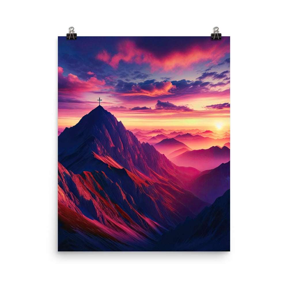 Dramatischer Alpen-Sonnenaufgang, Gipfelkreuz und warme Himmelsfarben - Premium Poster (glänzend) berge xxx yyy zzz 40.6 x 50.8 cm
