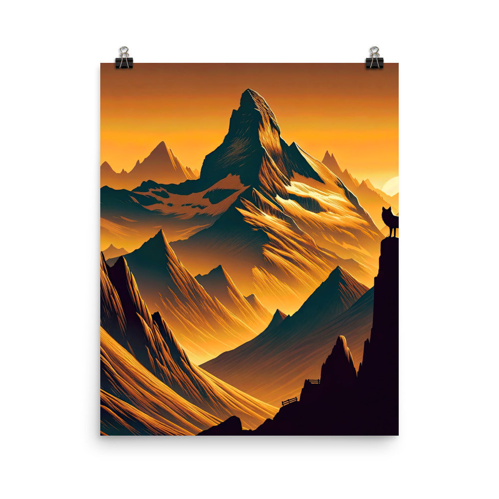 Fuchs in Alpen-Sonnenuntergang, goldene Berge und tiefe Täler - Premium Poster (glänzend) camping xxx yyy zzz 40.6 x 50.8 cm