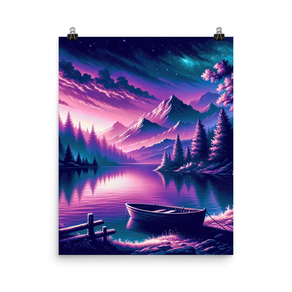 Magische Alpen-Dämmerung, rosa-lila Himmel und Bergsee mit Boot - Premium Poster (glänzend) berge xxx yyy zzz 40.6 x 50.8 cm