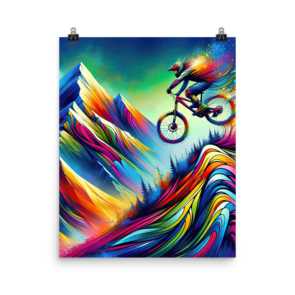 Mountainbiker in farbenfroher Alpenkulisse mit abstraktem Touch (M) - Premium Poster (glänzend) xxx yyy zzz 40.6 x 50.8 cm