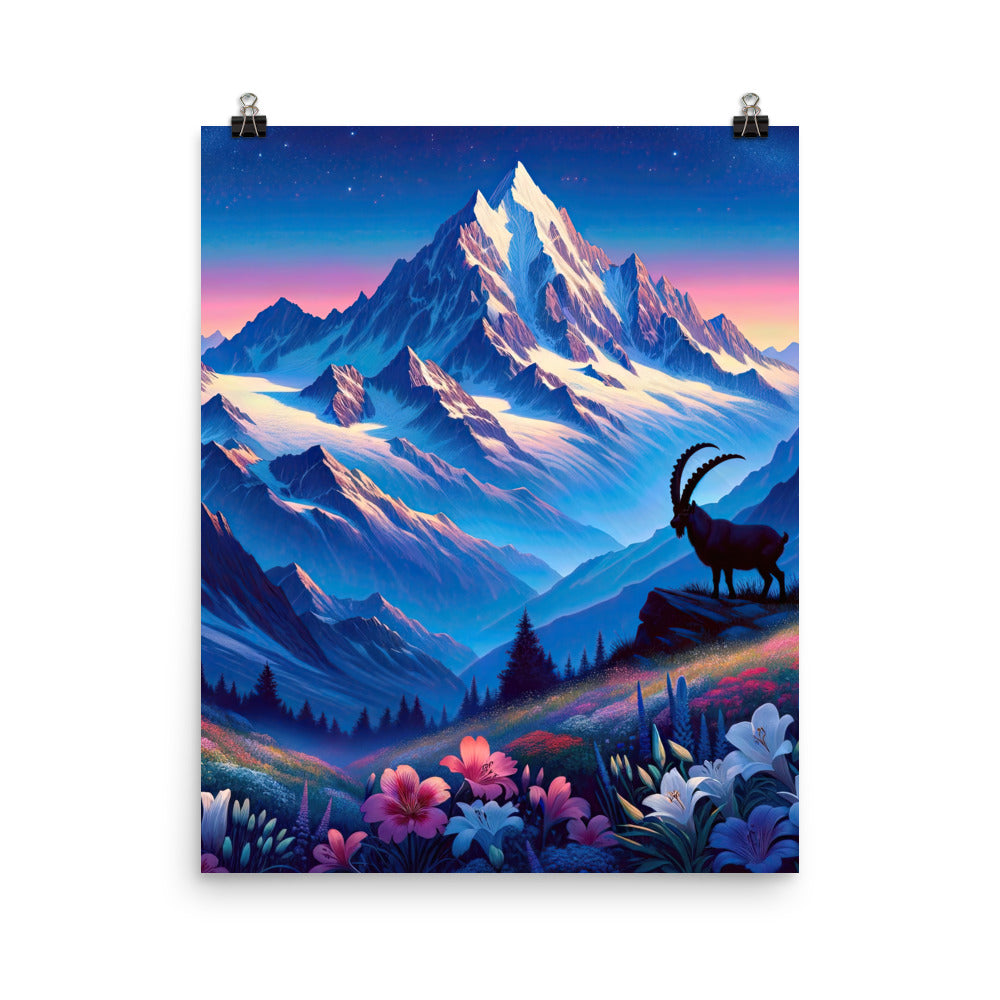 Steinbock bei Dämmerung in den Alpen, sonnengeküsste Schneegipfel - Premium Poster (glänzend) berge xxx yyy zzz 40.6 x 50.8 cm