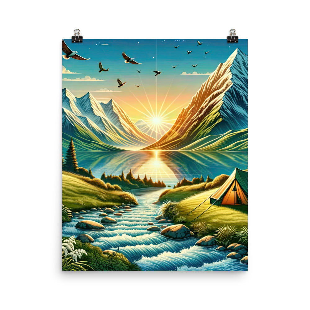Zelt im Alpenmorgen mit goldenem Licht, Schneebergen und unberührten Seen - Premium Poster (glänzend) berge xxx yyy zzz 40.6 x 50.8 cm