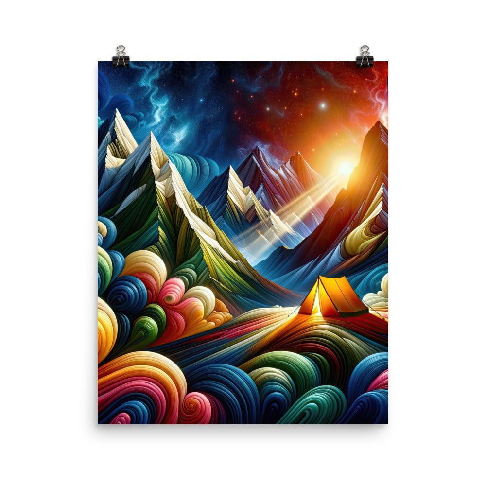 Abstrakte Bergwelt in lebendigen Farben mit Zelt - Premium Poster (glänzend) camping xxx yyy zzz 40.6 x 50.8 cm