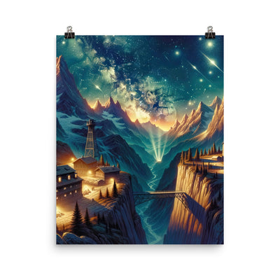Alpine Wildnis mit Bergdorf unter sternenklarem Nachthimmel - Premium Poster (glänzend) berge xxx yyy zzz 40.6 x 50.8 cm