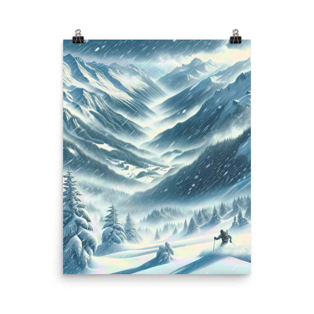 Alpine Wildnis im Wintersturm mit Skifahrer, verschneite Landschaft - Premium Poster (glänzend) klettern ski xxx yyy zzz 40.6 x 50.8 cm