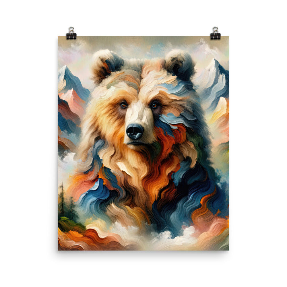 Ölgemälde mit Bär und abstrakter Alpeninterpretation, Verschmelzung von Natur und Kunst - Premium Poster (glänzend) camping xxx yyy zzz 40.6 x 50.8 cm