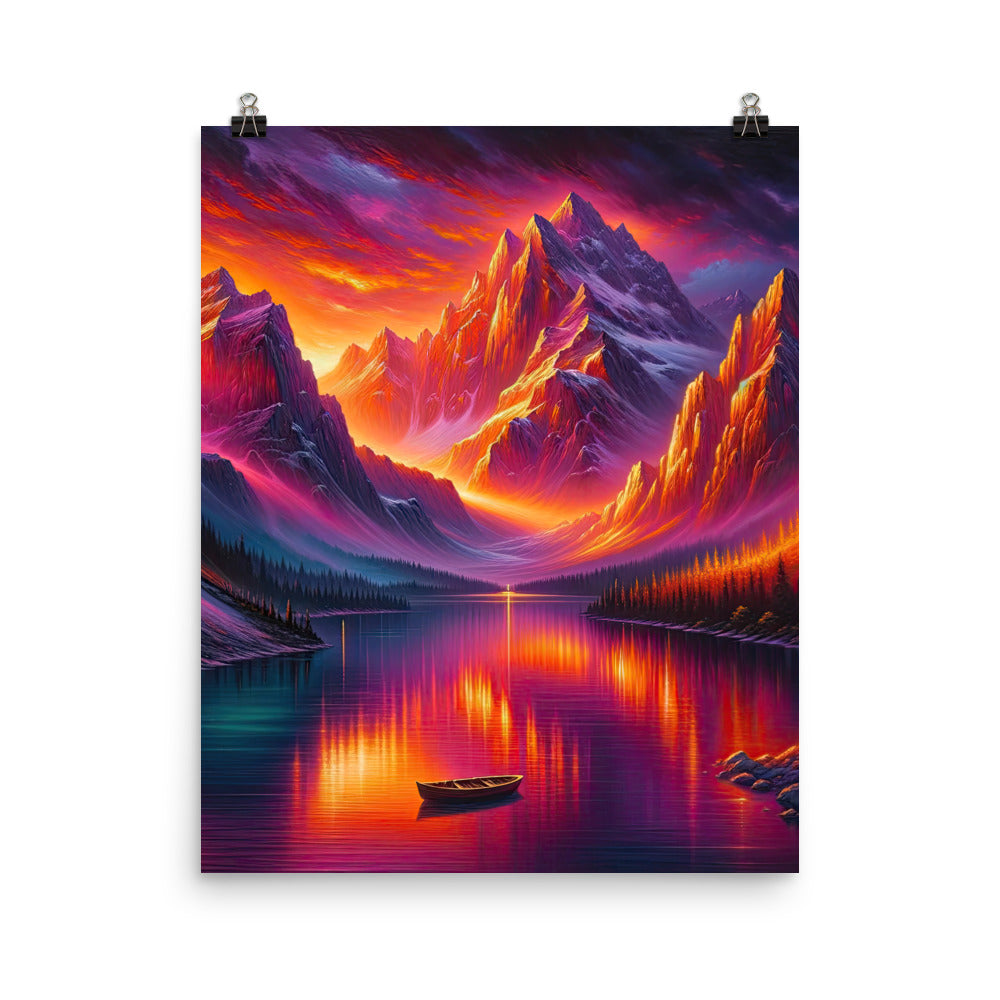 Ölgemälde eines Bootes auf einem Bergsee bei Sonnenuntergang, lebendige Orange-Lila Töne - Premium Poster (glänzend) berge xxx yyy zzz 40.6 x 50.8 cm