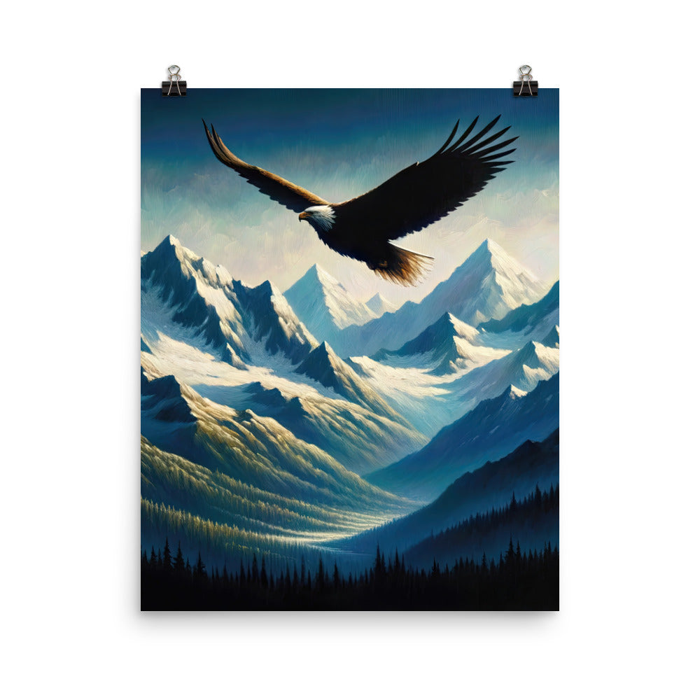 Ölgemälde eines Adlers vor schneebedeckten Bergsilhouetten - Premium Poster (glänzend) berge xxx yyy zzz 40.6 x 50.8 cm
